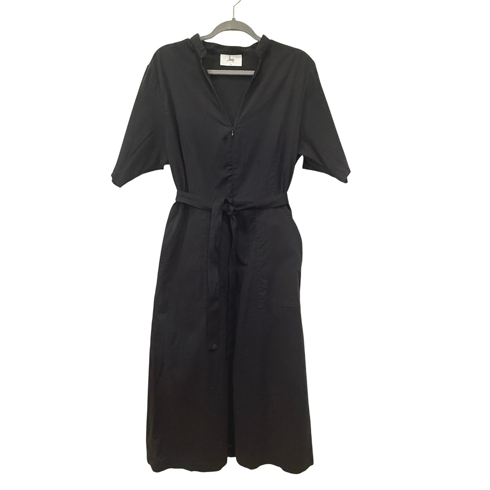 Loup Midi Dress Women XL Black V-Neck Zip Front Belted Short Sleeve Pockets